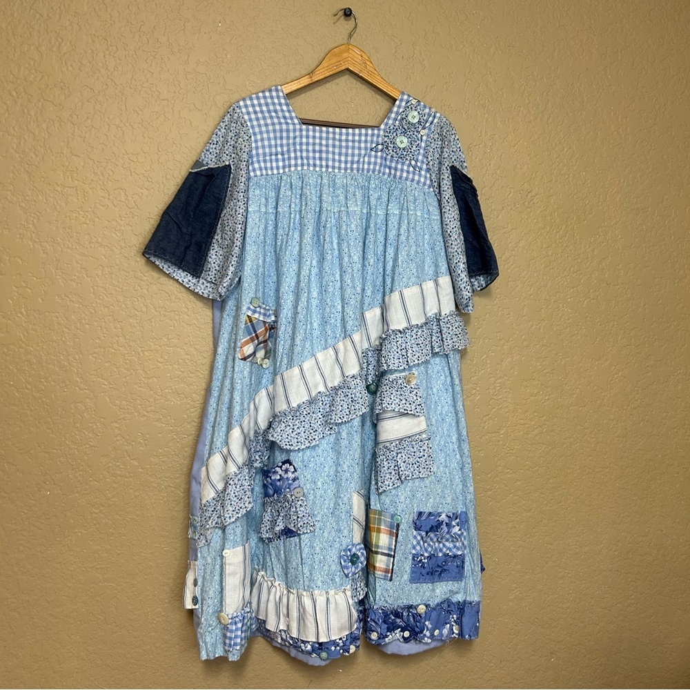 Handmade square neck Aline upcycled dress first floral patchwork pockets medium